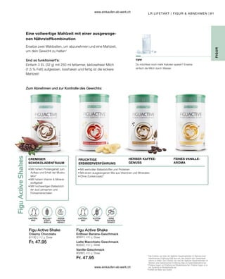 61
80280 | 450 g
80203 | 450 g
Fr. 47.95
80201 | 450 g
81130 | 512 g
Fr. 47.95
FIGUR
HERBER KAFFEE-
GENUSS
FRUCHTIGE
ERDBEERVERFÜHRUNG
CREMIGER
SCHOKOLADENTRAUM
FEINES VANILLE-
AROMA
• Mit wertvollen Ballaststoffen und Proteinen
• Mit einem ausgewogenen Mix aus Vitaminen und Mineralien
• Ohne Zuckerzusatz3
• 
Mit hohem Proteingehalt zum
Aufbau und Erhalt der Musku-
latur2
• 
Mit hohem Vitamin  Mineral-
stoffgehalt
• 
Mit hochwertigen Ballaststof-
fen aus Leinsamen und
Flohsamenschalen
LAKTOSE-
FREI
LAKTOSE-
FREI
GLUTEN-
FREI
BALLAST-
STOFF-
QUELLE
HOHER
PROTEIN-
GEHALT
OHNE
ZUCKER-
ZUSATZ3
Figu Active Shake Figu Active Shake
TIPP
Ersetze zwei Mahlzeiten, um abzunehmen und eine Mahlzeit,
um dein Gewicht zu halten1
Eine vollwertige Mahlzeit mit einer ausgewoge-
nen Nährstoffkombination
1

Das Ersetzen von einer der täglichen Hauptmahlzeiten im Rahmen einer
kalorienarmen Ernährung trägt dazu bei, das Gewicht nach Gewichtsab-
nahme zu halten. Das Ersetzen von zwei der täglichen Hauptmahlzeiten im
Rahmen einer kalorienarmen Ernährung trägt zur Gewichtsabnahme bei.
2

Proteine tragen zur Erhaltung von Muskelmasse bei. Proteine tragen zu ei-
ner Zunahme an Muskelmasse bei.
3

Enthält von Natur aus Zucker.
LR LIFETAKT | FIGUR  ABNEHMEN |
Du möchtest noch mehr Kalorien sparen? Ersetze
einfach die Milch durch Wasser.
Creamy Chocolate Erdbeer Banane-Geschmack
Latte Macchiato-Geschmack
Vanille-Geschmack
Zum Abnehmen und zur Kontrolle des Gewichts:
Und so funktioniert's:
Einfach 3 EL (32 g) mit 250 ml fettarmer, laktosefreier Milch
(1,5 % Fett) aufgiessen, losshaken und fertig ist die leckere
Mahlzeit!
Dose
Dose
Dose
Dose
www.einkaufen-ab-werk.ch
www.einkaufen-ab-werk.ch
 