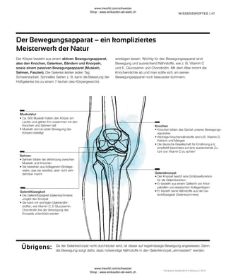 47
• 
Knochen bilden das Gerüst unseres Bewegungs-
apparates
• 
Wichtige Knochennährstoffe sind z.B. Vitamin D,
Kalzium und Mangan
• 
Die deutsche Gesellschaft für Ernährung e.V.
empfiehlt besonders auf eine ausreichende Zu-
fuhr von Vitamin D zu achten*
• 
Der Knorpel besitzt eine Schlüsselfunktion
für die Gelenkfunktion
• 
Er besteht aus einem Geflecht von Knor-
pelzellen und elastischen Kollagenfasern
• 
Er bezieht seine Nährstoffe aus der Ge-
lenkflüssigkeit (Gelenkschmiere)
• 
Die Gelenkflüssigkeit (Gelenkschmiere)
umgibt den Knorpel
• 
Sie kann mit wichtigen Gelenknähr-
stoffen, wie Vitamin C, E Glucosamin,
Chondroitin bei der Versorgung des
Knorpels unterstützt werden
• 
Sehnen bilden die Verbindung zwischen
Muskeln und Knochen
• 
Sie bestehen aus kollagenem Bindege-
webe, was sie reissfest, aber nicht sehr
dehnbar macht
• 
Ca. 600 Muskeln halten den Körper am
Laufen und geben ihm zusammen mit den
Knochen und Sehnen halt
• 
Muskeln sind an jeder Bewegung des
Körpers beteiligt
Gelenkknorpel
Knochen
Gelenkflüssigkeit
Sehnen
Muskulatur
* Die deutsche Gesellschaft für Ernährung e.V. (2012)
Übrigens: Da der Gelenkknorpel nicht durchblutet wird, ist dieser auf regelmässige Bewegung angewiesen. Denn
die Bewegung sorgt dafür, dass notwendige Nährstoffe in den Gelenkknorpel „einmassiert“ werden.
Der Körper besteht aus einem aktiven Bewegungsapparat,
also den Knochen, Gelenken, Bändern und Knorpeln,
sowie einem passiven Bewegungsapparat (Muskeln,
Sehnen, Faszien). Die Gelenke leisten jeden Tag
Schwerstarbeit. Schnelles Gehen z. B. kann die Belastung der
Hüftgelenke bis zu einem 7-fachen des Körpergewichts
ansteigen lassen. Wichtig für den Bewegungsapparat sind
Bewegung und ausreichend Nährstoffe, wie z. B. Vitamin C
und E, Glucosamin und Chondroitin. Mit dem Alter nimmt die
Knochendichte ab und man sollte sich um seinen
Bewegungsapparat noch bewusster kümmern.
Der Bewegungsapparat – ein kompliziertes
Meisterwerk der Natur
WISSENSWERTES |
www.lrworld.com/schweizer
Shop : www.einkaufen-ab-werk.ch
www.lrworld.com/schweizer
Shop : www.einkaufen-ab-werk.ch
 