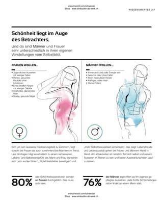 80% 76%
57
Und da sind Männer und Frauen
sehr unterschiedlich in ihren eigenen
Vorstellungen vom Selbstbild.
• 
Jugendliches Aussehen
mit weniger Falten
• 
Reines, gesundes
Hautbild ohne
Irritationen
• 
Einen straffen Körper
mit weniger Cellulite
• 
Kraftvolles, glänzendes
Haar
• 
Starke, gesunde Nägel
• 
Immer aktiv und voller Energie sein
• 
Gesunde Haut ohne Falten
• 
Einen muskulösen Körper
• 
Kräftiges, volles Haar
• 
Starke Potenz
WISSENSWERTES |
MÄNNER WOLLEN...
FRAUEN WOLLEN...
aller Schönheitsoperationen werden
an Frauen durchgeführt. Das muss
nicht sein.
der Männer legen Wert auf ihr eigenes ge-
pflegtes Aussehen. Jede fünfte Schönheitsope-
ration findet an einem Mann statt.
Sich um sein äusseres Erscheinungsbild zu kümmern, liegt
sowohl bei Frauen als auch zunehmend bei Männern im Trend.
Laut Umfragen trägt es erheblich zu einem verbesserten
Lebens- und Selbstwertgefühl bei. Mann und Frau wünschen
sich „sich wohler fühlen“, „Schönheitsfehler beseitigen“ und
„mehr Selbstbewusstsein entwickeln“. Das zeigt: Lebensfreude
und Lebensqualität gehen bei Frauen und Männern Hand in
Hand. Am attraktivsten ist natürlich: Mit sich selbst und seinem
Äusseren im Reinen zu sein und seiner Ausstrahlung freien Lauf
zu lassen.
Schönheit liegt im Auge
des Betrachters.
www.lrworld.com/schweizer
Shop : www.einkaufen-ab-werk.ch
www.lrworld.com/schweizer
Shop : www.einkaufen-ab-werk.ch
 
