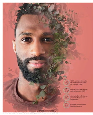 * Verschlüsse, Kappen und Deckel aus Kunststoff (PP), ** Kann bis zu 55 % Altglas enthalten, *** NOI=natural origin index nach DIN 16128
100 % natürliche ätherische
Öle: Pfefferminze, Eukalyp-
tus, Thymian, Zeder
Flaschen und Tiegel aus Re-
cycling-Kunststoff (rPET)*
Kontrollen nach höchsten
Qualitätsstandards
Ätherische Öle  Ölmischun-
gen in Glasflaschen mit
Altglasanteil**
www.lrworld.com/schweizer
Shop : www.einkaufen-ab-werk.ch
www.lrworld.com/schweizer
Shop : www.einkaufen-ab-werk.ch
 