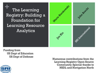 +




                                            i
                                         sk
     The Learning




                                                             t
                                     ow




                                                        e ch
                                    nk




                                                     Br
  Registry: Building a




                                 e




                                                     n
                              Bi




                                                    h
                                                 Jo
                             ie
    Foundation for




                         ar
                         M
  Learning Resource




                                                            al
       Analytics




                                                             n
                                                         tio
                                                     na
                                    o
                               Kl




                                                     er
                             Ji m




                                                   nt
                                                 II
                                                SR
Funding from
  US Dept of Education
    US Dept of Defense
                         Numerous contributions from the
                          Learning Registry Open Source
                            Community. Special thanks to
                              NSDL and Navigation North
 