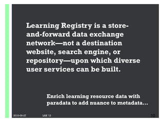 Learning Registry is a store-
             and-forward data exchange
             network—not a destination
             w...