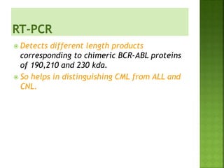 Detects different length products
corresponding to chimeric BCR-ABL proteins
of 190,210 and 230 kda.
 So helps in distinguishing CML from ALL and
CNL.
 