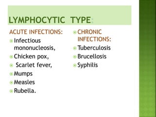 ACUTE INFECTIONS:
 Infectious
mononucleosis,
 Chicken pox,
 Scarlet fever,
 Mumps
 Measles
 Rubella.
 CHRONIC
INFECTIONS:
 Tuberculosis
 Brucellosis
 Syphilis
 