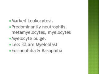 Marked Leukocytosis
Predominantly neutrophils,
metamyelocytes, myelocytes
Myelocyte bulge.
Less 3% are Myeloblast
Eosinophilia & Basophilia
 