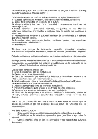 personalidades que por sus condiciones y actitudes de vanguardia resultan líderes y
promotores culturales. (Macías; 2004: 18)
Para realizar la memoria histórica se tuvo en cuenta los siguientes elementos:
1.- Sucesos significativos, fundación, fundadores, personalidades, tradiciones.
2.- Lugar de la comunidad en el sistema de la cultura.
3.- Misión, objetivos y funciones de la comunidad. Los programas y acciones que
hay en ejecución.
4.-Títulos honoríficos, distinciones recibidas, vanguardias en las diferentes
instancias, distinciones individuales y cualquier dato de interés que cualifique la
Institución.
5.- Acontecimientos históricos y culturales ocurridos en la comunidad o el territorio
que tengan relación con ella.
6.- Leyendas, mitos, costumbres, fiestas, canciones, juegos, que constituyen
saberes que atesora la institución.
7.- Fundadores
Técnicas para recoger la información requerida: encuestas, entrevistas
estructuradas, recopilación documental, talleres de reflexión y entrevistas a expertos.
Relación institución e instituciones locales, provinciales, nacionales e internacionales
Este eje permite analizar las relaciones de la instituciones con otras tanto culturales,
como sociales o económicas que influyen favorablemente en la realización de su
gestión y el cumplimiento de su misión y funciones.
Los aspectos para este análisis son:
1.- Nivel de intercambio con las instituciones.
2.- Existencia de convenios de trabajo.
3.- Grado de satisfacción que muestran los directivos y trabajadores respecto a las
relaciones establecidas con otras instituciones.
4.- Nivel en el que se refleja la materialización de la política cultural del Estado.
5.- Nivel de intercambio entre las instituciones.
6.- Acciones compartidas entre las diferentes instituciones.
7.- Parámetros utilizados para evaluar la efectividad de estas relaciones.
8.-Convenios que respaldan estas relaciones, su cumplimiento.
Técnicas para la recogida de la información: recopilación documental, talleres de
reflexión, tertulias, entrevistas estructuradas, encuestas, lluvias de ideas, diez
deseos.
FASE DE ORGANIZACIÓN DEL PROCESO: se debe tener en cuenta que los
grupos se conformen con las personas idóneas según las funciones que les
corresponderá.
FASE DE PLANIFICACIÓN:
1. Correspondencia de los objetivos con la solución del problema a resolver.
2. Posibilidades de la estructura organizativa para garantizar la ejecución del
proyecto.
3. Correspondencia entre el plan de actividades y las necesidades culturales
detectadas.
 