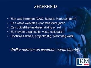 ZEKERHEID

?   Een vast inkomen (CAO, Schaal, Marktcomform)
?   Een vaste werkplek voor meerdere jaren
?   Een duidelijke taakbeschrijving en rol
?   Een loyale organisatie, vaste collegas
?   Controle hebben, projectmatig, planmatig werk



    Welke normen en waarden horen daarbij?
 