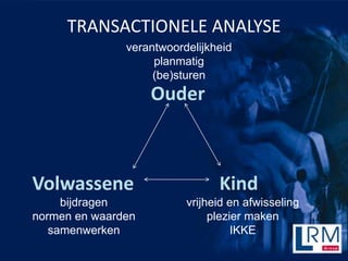 TRANSACTIONELE ANALYSE
               verantwoordelijkheid
                    planmatig
                    (be)sturen
                    Ouder



Volwassene                      Kind
     bijdragen            vrijheid en afwisseling
normen en waarden              plezier maken
   samenwerken                      IKKE
 