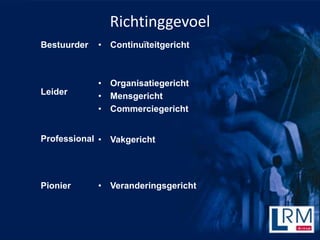 Richtinggevoel
Bestuurder   ? Continu?teitgericht



             ? Organisatiegericht
Leider       ? Mensgericht
             ? Commerciegericht


Professional ? Vakgericht




Pionier      ? Veranderingsgericht
 