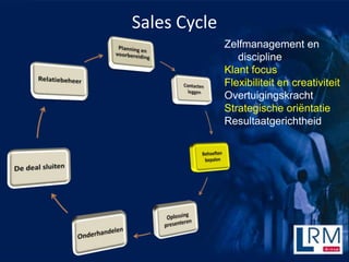 Sales Cycle
              Zelfmanagement en
                 discipline
              Klant focus
              Flexibiliteit en creativiteit
              Overtuigingskracht
              Strategische ori?ntatie
              Resultaatgerichtheid
 