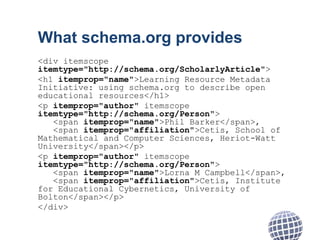 What schema.org provides
<div itemscope
itemtype="http://schema.org/ScholarlyArticle">
<h1 itemprop="name">Learning Resource Metadata
Initiative: using schema.org to describe open
educational resources</h1>
<p itemprop="author" itemscope
itemtype="http://schema.org/Person">
<span itemprop="name">Phil Barker</span>,
<span itemprop="affiliation">Cetis, School of
Mathematical and Computer Sciences, Heriot-Watt
University</span></p>
<p itemprop="author" itemscope
itemtype="http://schema.org/Person">
<span itemprop="name">Lorna M Campbell</span>,
<span itemprop="affiliation">Cetis, Institute
for Educational Cybernetics, University of
Bolton</span></p>
</div>
 