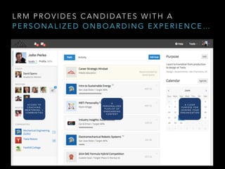 L R M P R O V I D E S C A N D I D AT E S W I T H A
P E R S O N A L I Z E D O N B O A R D I N G E X P E R I E N C E …
A C C E S S T O
C O A C H I N G ,
M E N T O R I N G , +
C O M M U N I T I E S
A
P E R S O N A L I Z E D
P L AY L I S T O F
O N B O A R D I N G
C O N T E N T
A C L E A R
P U R P O S E F O R
J O I N I N G Y O U R
O R G A N I Z AT I O N
 