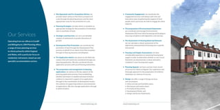 www.lrmplanning.com4 www.lrmplanning.com 5
Our Services
Operating from our offices in Cardiff
and Billingshurst, LRM Planning offers
a range of town planning services
to clients primarily within England
and Wales, with a particular focus on
residential, retirement, mixed use and
specialist accommodation sectors.
•	 Site Appraisals and Pre-Acquisition Advice: we
provide expert advice on the future prospects of
a site through the planning process and the most
appropriate route for the promotion of a site.
•	 Planning Strategies: we help clients to establish an
appropriate strategy for the promotion of individual
sites or portfolios of land.
•	 Strategic Land Searches: we carry out detailed
analysis of settlements to predict directions of
growth.
•	 Development Plan Promotion: we coordinate the
promotion of land through the Development Plan
process on behalf of our clients from Plan inception
through to Hearing Sessions and Adoption.
•	 Pre Application Advice: we advise on the likely key
matters that will need to be considered through any
planning application. We also coordinate the pre-
application process with Local Planning Authorities.
•	 The preparation and management of planning
applications: we advise on the key aspects of the
planning application process, from establishing
whether permission is needed and what technical
evidence is required in support of an application,
through to the coordination of development teams,
the collation of supporting evidence and submission
of applications. We also manage applications through
to determination.
•	 Community Engagement: we coordinate the
engagement process and always seek new and
innovative ways of gathering the support of local
people and in particular we seek to engage the silent
majority.
•	 The preparation of Environmental Statements:
we coordinate and manage Environmental
Statements (ES) from initial Screening and Scoping to
ensuring compliance with legislation and case law.
•	 The Assessment of Housing Need and Demand:
we can calculate a robust assessment of the
objectively assessed level of housing over a specific
time period.
•	 Housing Land Supply Assessments: we have
considerable experience in assessing housing land
supply in order to determine whether or not a Local
Authority can demonstrate a robust and policy
compliant 5 year housing land supply.
•	 Planning Appeals: we have a proven track record
of success for clients at Appeal. Our experience and
thorough approach to the preparation of evidence
maximises our chances of success.
•	Design: we offer a range of design services
and can prepare:
•	Initial concept and feasibility plans;
•	Site layouts and master plans;
•	Promotional documents;
•	Development Briefs; and
•	Design and Access Statements.
 