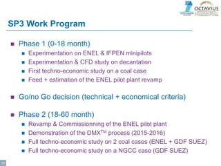  Phase 1 (0-18 month)
 Experimentation on ENEL & IFPEN minipilots
 Experimentation & CFD study on decantation
 First techno-economic study on a coal case
 Feed + estimation of the ENEL pilot plant revamp
 Go/no Go decision (technical + economical criteria)
 Phase 2 (18-60 month)
 Revamp & Commissionning of the ENEL pilot plant
 Demonstration of the DMXTM process (2015-2016)
 Full techno-economic study on 2 coal cases (ENEL + GDF SUEZ)
 Full techno-economic study on a NGCC case (GDF SUEZ)
SP3 Work Program
10
 