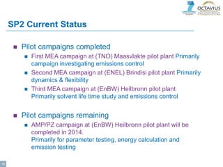 SP2 Current Status
 Pilot campaigns completed
 First MEA campaign at (TNO) Maasvlakte pilot plant Primarily
campaign investigating emissions control
 Second MEA campaign at (ENEL) Brindisi pilot plant Primarily
dynamics & flexibility
 Third MEA campaign at (EnBW) Heilbronn pilot plant
Primarily solvent life time study and emissions control
 Pilot campaigns remaining
 AMP/PZ campaign at (EnBW) Heilbronn pilot plant will be
completed in 2014.
Primarily for parameter testing, energy calculation and
emission testing
18
 