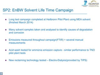 SP2: EnBW Solvent Life Time Campaign
 Long test campaign completed at Heilbronn Pilot Plant using MEA solvent
(finished March 2014)
 Many solvent samples taken and analysed to identify causes of degradation
and corrosion
 Emissions measured throughout campaign(FTIR) + several manual
measurements
 Acid wash tested for ammonia emission capture - similar performance to TNO
pilot plant tests
 New reclaiming technology tested – Electro-Dialysis(provided by TIPS)
22
 
