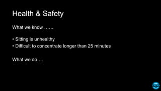 Health & Safety
What we know ……
• Sitting is unhealthy
• Difficult to concentrate longer than 25 minutes
What we do….
 