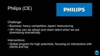 Philips (CE)
Challenge:
• Business: heavy competition Japan/ restructuring
• HR: How can we attract and retain talent when we are
downsizing dramatically
Interventions:
• Global program for high potentials, focusing on interactions with
clients and top
 