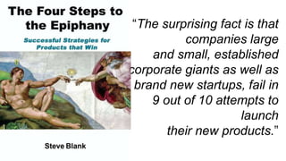 “The surprising fact is that
companies large
and small, established
corporate giants as well as
brand new startups, fail in
9 out of 10 attempts to
launch
their new products.”
 