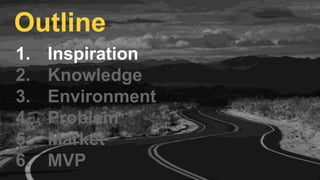 1. Inspiration
2. Knowledge
3. Environment
4. Problem
5. Market
6. MVP
Outline
 