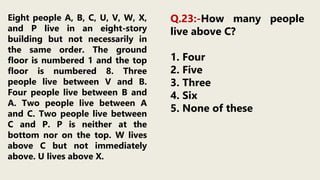 Eight people A, B, C, U, V, W, X,
and P live in an eight-story
building but not necessarily in
the same order. The ground
floor is numbered 1 and the top
floor is numbered 8. Three
people live between V and B.
Four people live between B and
A. Two people live between A
and C. Two people live between
C and P. P is neither at the
bottom nor on the top. W lives
above C but not immediately
above. U lives above X.
Q.23:-How many people
live above C?
1. Four
2. Five
3. Three
4. Six
5. None of these
 