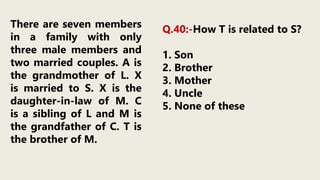 There are seven members
in a family with only
three male members and
two married couples. A is
the grandmother of L. X
is married to S. X is the
daughter-in-law of M. C
is a sibling of L and M is
the grandfather of C. T is
the brother of M.
Q.40:-How T is related to S?
1. Son
2. Brother
3. Mother
4. Uncle
5. None of these
 