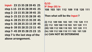 Q.52-
IF Step (iii) is-
108 103 101 112 109 118 120 111
Then what will be the Input ?
(i) 112 109 108 103 101 118 120 111
(ii) 112 109 108 118 103 101 120 111
(iii) 109 112 108 118 103 101 120 111
(iv) 109 112 108 118 111 103 101 120
(v) CAN NOT BE DETERMINE
input- 23 15 35 28 39 45 25
step 1-15 23 35 28 39 45 25
step 2- 23 15 35 28 39 45 25
step 3- 25 23 15 35 28 39 45
step 4- 28 25 23 15 35 39 45
step 5- 35 28 25 23 15 39 45
step 6- 39 35 28 25 23 15 45
step 7- 45 39 35 28 25 23 15
step 7 is the last step of the
above arrangement.
 