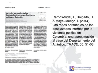 Ramos-Vidal, I., Holgado, D.
& Maya-Jariego, I. (2014).
Las redes personales de los
desplazados internos por la
violencia política en
Colombia: una aproximación
al caso del Departamento del
Atlántico. TRACE, 65, 51-68.
 