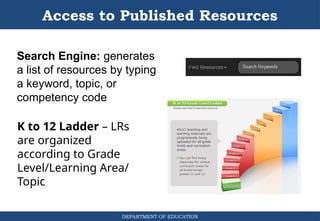 DEPARTMENT OF EDUCATION
Access to Published Resources
K to 12 Ladder – LRs
are organized
according to Grade
Level/Learning Area/
Topic
Search Engine: generates
a list of resources by typing
a keyword, topic, or
competency code
 