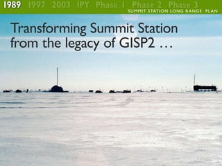 1989 1997 2003 IPY Phase 1 Phase 2 Phase 3
                          S U M M IT S TATI O N LO N G R A N G E P L A N



 Transforming Summit Station
 from the legacy of GISP2 …
 