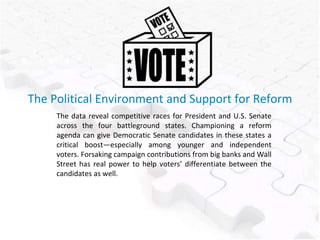 The Political Environment and Support for Reform
The data reveal competitive races for President and U.S. Senate
across the four battleground states. Championing a reform
agenda can give Democratic Senate candidates in these states a
critical boost—especially among younger and independent
voters. Forsaking campaign contributions from big banks and Wall
Street has real power to help voters’ differentiate between the
candidates as well.
 