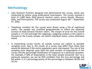 2
Methodology
• Lake Research Partners designed and administered this survey, which was
conducted by phone using professional interviewers. The survey reached a
total of 1,000 likely 2016 general election voters across Florida, Missouri,
Ohio, and Pennsylvania. The survey was conducted August 28th – September
5th, 2016.
• Telephone numbers for the survey were drawn using a file of registered
voters. The sample was stratified geographically to reflect the expected
turnout of 2016 General Election voters. The margin of error for the overall
sample is +/-3.1% and larger for subgroups. Subgroup analysis in this report is
focused on the 4-state sample, not within individual states, unless otherwise
noted.
• In interpreting survey results, all sample surveys are subject to possible
sampling error; that is, the results of a survey may differ from those that
would be obtained if the entire population were interviewed. The size of the
sampling error depends upon both the total number of respondents in the
survey and the percentage distribution of responses to a particular question.
For example, if 50% of respondents in the total sample answered “yes” to a
particular question, we can be 95% confident that the true percentage will
fall within +/-3.1 percentage points of this percentage or between 46.9% and
53.1%.
 