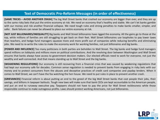 37
Text of Democratic Pro-Reform Messages (in order of effectiveness)
[SAME TRICKS – AVOID ANOTHER CRASH] The big Wall Street banks that crashed our economy are bigger than ever, and they are up
to the same risky bets that put the entire economy at risk. We need an economy that’s healthy and stable. We can't let banks gamble
with our money and risk another financial collapse. We need tough rules and strong penalties to make banks smaller, simpler, and
safer. Bank failures can never be allowed to place our entire economy at risk.
[NOT JUST BILLIONAIRES/INEQUALITY] Big banks and Wall Street billionaires have rigged the economy. All the gains go to those at the
top, while millions of families are still struggling to get back on their feet. Wall Street billionaires use loopholes to pay lower taxes
than teachers, and hedge fund managers squeeze more and more profit out of companies while reducing benefits and eliminating
jobs. We need to re-write the rules to make the economy work for working families, not just billionaires and big banks.
[POWER AND INFLUENCE] Too many politicians in both parties are beholden to Wall Street. The big banks and hedge fund managers
spend millions on lobbyists and millions more on political contributions. And the revolving door between Washington and Wall Street
ensures that banks always have access to government decision makers. Our elected officials need to work for everyone, not just the
wealthy and well-connected. And that means standing up to Wall Street and the big banks.
[WEAKENING REGULATIONS] Our economy is still recovering from a financial crisis that was caused by weakening regulations that
had kept our economy safe for decades. Common sense regulation is needed to prevent banks from engaging in risky bets with our
money and to protect consumers from the abuses and deceptive practices of credit card companies and payday lenders. When it
comes to Wall Street, we can't have the fox watching the hen house. We need to put rules in place to prevent another crash.
[GRIEVANCES] Financial reform is about putting an end to the greed of the big Wall Street banks that cost people their jobs, their
savings, and billions in taxpayer bailouts. Tough new laws will make sure that bank CEOs are kept accountable to the American people,
and put an end to runaway executive pay. Taxpayers should not have to pay the price for Wall Street recklessness while those
responsible continue to make outrageous profits. Laws should protect working Americans, not just billionaires.
 
