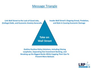 45
Message Triangle
Take on
Wall Street
Link Wall Street to the Lack of Good Jobs,
(College) Debt, and Economic Anxiety Generally
Outline Positive Policy Solutions, Including Closing
Loopholes, Separating Out Investment Banking, and
Breaking up the Biggest Banks While Capping Their Size To
Prevent More Bailouts
Invoke Wall Street’s Ongoing Greed, Predation,
and Role in Causing Economic Damage
 