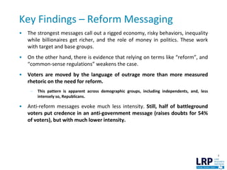 Key Findings – Reform Messaging
7
• The strongest messages call out a rigged economy, risky behaviors, inequality
while billionaires get richer, and the role of money in politics. These work
with target and base groups.
• On the other hand, there is evidence that relying on terms like “reform”, and
“common-sense regulations” weakens the case.
• Voters are moved by the language of outrage more than more measured
rhetoric on the need for reform.
– This pattern is apparent across demographic groups, including independents, and, less
intensely so, Republicans.
• Anti-reform messages evoke much less intensity. Still, half of battleground
voters put credence in an anti-government message (raises doubts for 54%
of voters), but with much lower intensity.
 