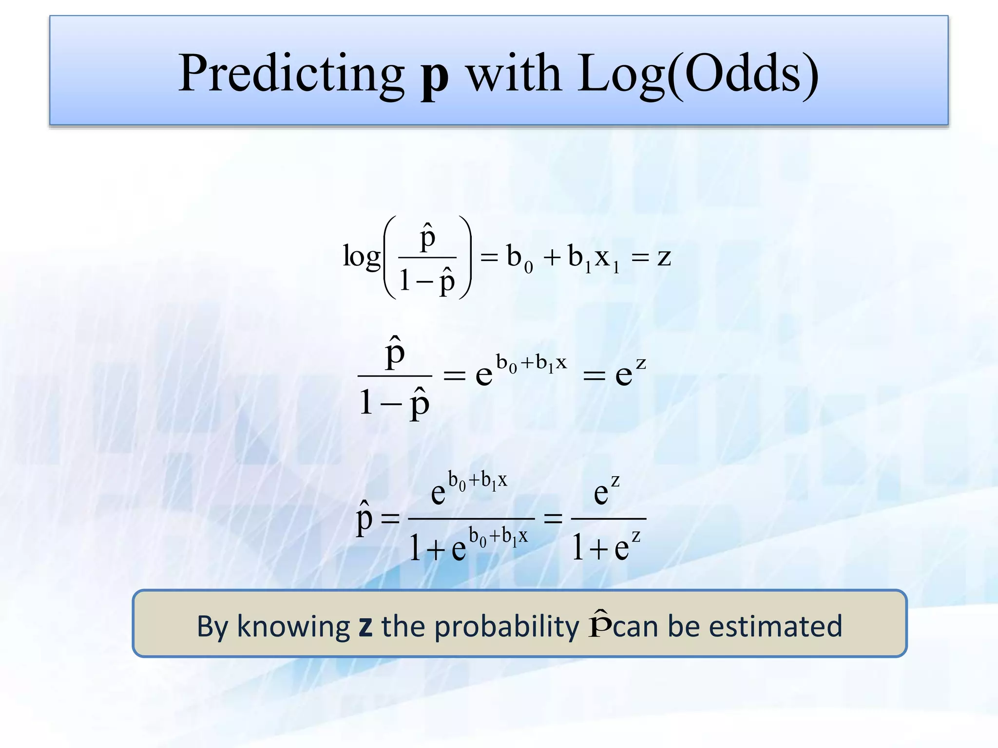 Predicting p with Log(Odds)
zxbb
pˆ1
pˆ
log 110 






zxbb
ee
pˆ1
pˆ 10



z
z
xbb
xbb
e1
e
e1
e
pˆ
10
10



 

By knowing z the probability can be estimatedpˆ
 