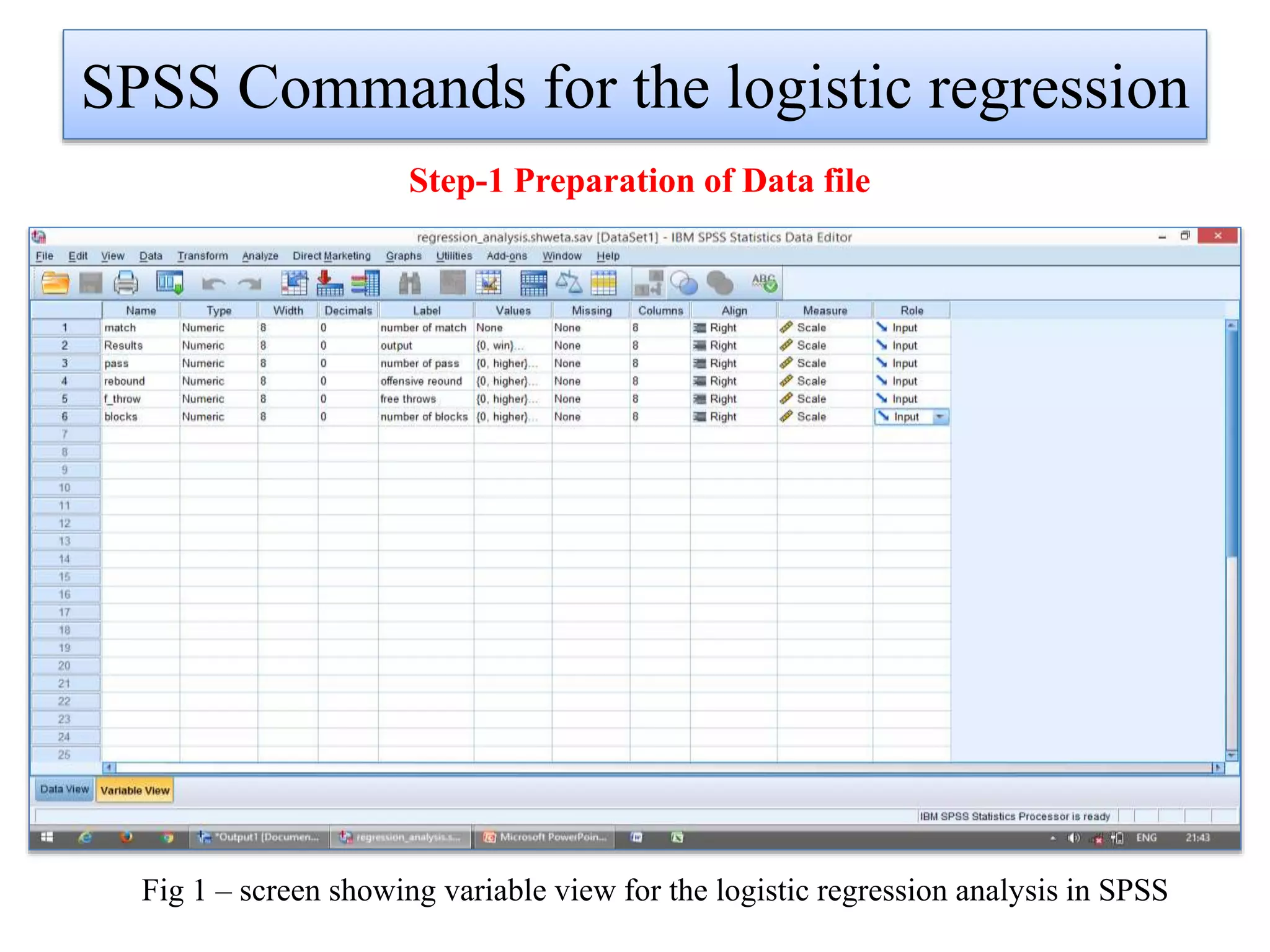 SPSS Commands for the logistic regression
Step-1 Preparation of Data file
Fig 1 – screen showing variable view for the logistic regression analysis in SPSS
 