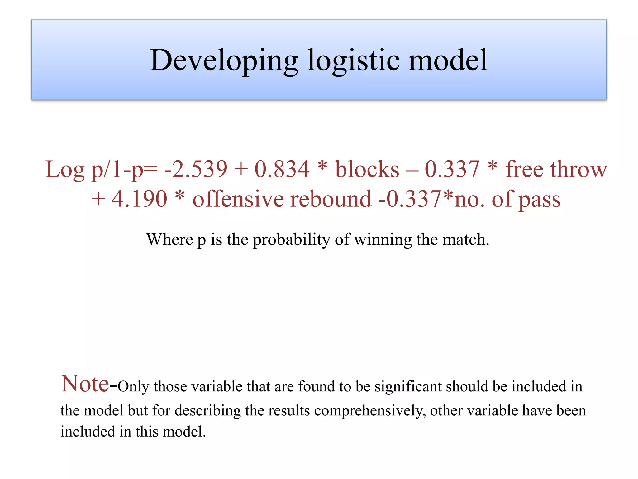 Developing logistic model
Where p is the probability of winning the match.
Note-Only those variable that are found to be significant should be included in
the model but for describing the results comprehensively, other variable have been
included in this model.
Log p/1-p= -2.539 + 0.834 * blocks – 0.337 * free throw
+ 4.190 * offensive rebound -0.337*no. of pass
 