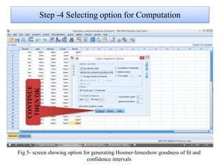 Step -4 Selecting option for Computation
Fig 5- screen showing option for generating Hosmer-lemeshow goodness of fit and
confidence intervals
CONTINUE
THENOK
 
