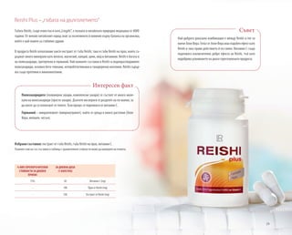 29
Reishi Plus –„гъбата на дълголетието”
Гъбата Reishi, също известна и като„Lingzhi“, е позната в китайската природна медицина от 4000
години. От векове китайският народ знае за позитивното й влияние върху баланса на организма,
който е най-важен за стабилно здраве.
В продукта Reishi използваме както екстракт от гъба Reishi, така и гъби Reishi на прах, които съ-
държат много минерали като желязо, магнезий, калций, цинк, мед и витамини. Reishi е богата и
на полизахариди, тритерпени и германий. Най-важните съставки в Reishi са водноразтворимите
полизахариди, основно бета-глюкани, хетеробетаглюкани и ганодерични киселини. Reishi съдър-
жа също протеини и аминокиселини.
Избрани съставки: екстракт от гъба Reishi, гъба Reishi на прах, витамин C.
Пълният списък със съставки и таблица с хранителните стойности може да намерите на етикета.
Полизахаридите (полимерни захари, комплексни захари) се състоят от много моле-
кули на монозахариди (прости захари). Дългите им вериги се разделят на по-малки, за
да могат да се използват от тялото. Този процес се подпомага от витамин С.
Германий – микроелемент (микронутриент), който се среща в много растения (Алое
Вера, женшен, чесън).
Интересен факт
Най-добрата доказана комбинация е между Reishi и гел за
пиенеАлоеВера.ГелътотАлоеВераимаподобенефекткато
Reishi и така прави действието й по-силно. Витамин С също
подпомага изключително добре ефекта на Reishi, тъй като
подобрява усвояването на двата гореспоменати продукта.
Съвет
% NRV (ПРЕПОРЪЧИТЕЛНИ
СТОЙНОСТИ ЗА ДНЕВЕН
ПРИЕМ)
ЗА ДНЕВНА ДОЗА
(1 КАПСУЛА)
75% 60 Витамин C (mg)
- 100 Прах от Reishi (mg)
- 240 Екстракт от Reishi (mg)
 