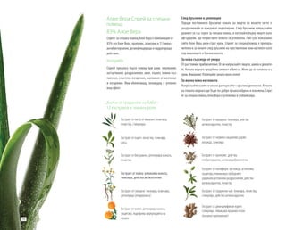 50
„Билки от градината на баба”-
12 екстракта и тяхната роля
Екстракт от бял равнец: регенерира кожата,
почиства
Екстракт от пореч: почиства, тонизира,
стяга
Екстракт от градински чай: тонизира, почиства,
стимулира, действа антиоксидантно
Екстракт от джинджифилов корен:
стимулира, повишава кръвния поток
(локално приложение)
Екстракт от пасифлора: изглажда, успокоява,
защитава, елиминира свободните
радикали, успокоява раздразнения, действа
антиоксидантно, почиства
Екстракт от мащерка: тонизира, действа
антиоксидантно, почиства
Екстракт от червено сандалово дърво:
охлажда, тонизира
Екстракт от прополис: действа
нтибактериално, антимикробиологично
Екстракт от листа от евкалипт:тонизира,
почиства, стимулира
Екстракт от невен: регенерира кожата,
защитава, подобрява циркулацията на
кръвта
Екстракт от глухарче: тонизира, освежава,
регенерира (епидермиса)
Екстракт от лайка: успокоява кожата,
тонизира, действа антисептично
Алое Вера Спрей за спешна
помощ
83% Алое Вера
Спреят за спешна помощ Алое Вера е комбинация от
83% гел Алое Вера, прополис, алантоин и 11 билки с
антибактериално, дезинфекциращо и хидратиращо
действие.
Употреба:
Спреят предлага бърза помощ при рани, ожулвания,
натъртвания, раздразнения, акне, пърхот, кожни въз-
паления, слънчеви изгаряния, ухапвания от насекоми
и изгаряния. Има облекчаващ, охлаждащ и успокоя-
ващ ефект.
След бръснене и депилация
Поради постоянното бръснене кожата на лицето на мъжете често е
раздразнена и се нуждае от хидратиране. След бръснене напръскайте
дланите си със спрея за спешна помощ и потупайте върху лицето като
афтършейв. Ще почувствате кожата си успокоена. При суха кожа нана-
сяйте Алое Вера анти-стрес крем. Спреят за спешна помощ е препоръ-
чителен и за жените след бръснене на чувствителни зони на тялото като
под мишниците и бикини зоната.
За кожа със следи от умора
От разстояние приблизително 30 см напръскайте лицето, шията и деколте-
то. Кожата веднага придобива свежест и блясък. Може да се използва и с
грим.Внимание:Избягвайтезонатаоколоочите!
За мазна кожа на главата
Напръскайте скалпа и нежно разтъркайте с кръгови движения. Кожата
на главата веднага ще бъде по-добре кръвоснабдена и освежена. Спре-
ят за спешна помощ Алое Вера я успокоява и стабилизира.
 