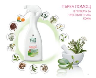 Бялравнец
Глухарче
Пор
еч
Джинджи
фил
Г
радинскичай
Про
полис
Н
евен
Евкал
ипт
Мащ
ерка
Лайка
П
асифлора
Че
рвеносандал
ово дърво
51
ПЪРВА ПОМОЩ
В ГРИЖАТА ЗА
ЧУВСТВИТЕЛНАТА
КОЖА
 