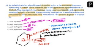 a. Acute hepatitis
b. Acute pancreatitis
c. Acute cholecystitis
d. Acute appendicitis
Q. An individual who has a long history of alcoholism arrives at the emergency department
complaining of sudden, severe abdominal pain in the upper middle region that spreads to
the back. They also report feeling nauseous, having a decreased appetite, and experiencing
occasional episodes of vomiting. Upon conducting investigations, it was observed that their
amylase levels and total leucocyte count were elevated. The probable diagnosis in this case
is:
 