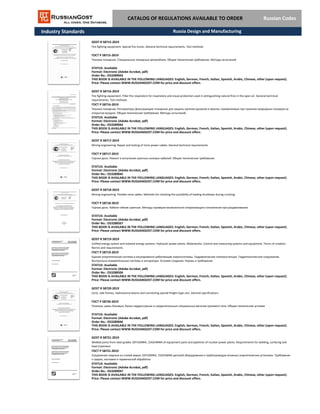 Industry Standards
GOST R 58721-2019
Welded joints from steel grades 10ГН2МФА, 15Х2НМФА of equipment parts and pipelines of nuclear power plants. Requirements for welding, surfacing and
heat treatment
ГОСТ Р 58721-2019
Соединения сварные из сталей марок 10ГН2МФА, 15Х2НМФА деталей оборудования и трубопроводов атомных энергетических установок. Требования
к сварке, наплавке и термической обработке
STATUS: Available
Format: Electronic (Adobe Acrobat, pdf)
THIS BOOK IS AVAILABLE IN THE FOLLOWING LANGUAGES: English, German, French, Italian, Spanish, Arabic, Chinese, other (upon request).
Price: Please contact WWW.RUSSIANGOST.COM for price and discount offers.
Order No.: OS3289047
GOST R 58719-2019
Unified energy system and isolated energy systems. Hydraulic power plants. Waterworks. Control and measuring systems and equipment. Terms of creation.
Norms and requirements
ГОСТ Р 58719-2019
Единая энергетическая система и изолированно работающие энергосистемы. Гидравлические электростанции. Гидротехнические сооружения.
Контрольно-измерительные системы и аппаратура. Условия создания. Нормы и требования
STATUS: Available
Format: Electronic (Adobe Acrobat, pdf)
Order No.: OS3288504
THIS BOOK IS AVAILABLE IN THE FOLLOWING LANGUAGES: English, German, French, Italian, Spanish, Arabic, Chinese, other (upon request).
Price: Please contact WWW.RUSSIANGOST.COM for price and discount offers.
GOST R 58720-2019
Carts, side frames, nadressorny beams and connecting special freight-type cars. General specifications
ГОСТ Р 58720-2019
Тележки, рамы боковые, балки надрессорные и соединительные специальных вагонов грузового типа. Общие технические условия
STATUS: Available
Format: Electronic (Adobe Acrobat, pdf)
Order No.: OS3289046
THIS BOOK IS AVAILABLE IN THE FOLLOWING LANGUAGES: English, German, French, Italian, Spanish, Arabic, Chinese, other (upon request).
Price: Please contact WWW.RUSSIANGOST.COM for price and discount offers.
GOST R 58717-2019
Mining engineering. Repair and testing of mine power cables. General technical requirements
ГОСТ Р 58717-2019
Горное дело. Ремонт и испытание шахтных силовых кабелей. Общие технические требования
STATUS: Available
Format: Electronic (Adobe Acrobat, pdf)
Order No.: OS3289045
THIS BOOK IS AVAILABLE IN THE FOLLOWING LANGUAGES: English, German, French, Italian, Spanish, Arabic, Chinese, other (upon request).
Price: Please contact WWW.RUSSIANGOST.COM for price and discount offers.
GOST R 58718-2019
Mining engineering. Flexible mine cables. Methods for checking the possibility of leading shutdown during crushing
ГОСТ Р 58718-2019
Горное дело. Кабели гибкие шахтные. Методы проверки возможности опережающего отключения при раздавливании
STATUS: Available
Format: Electronic (Adobe Acrobat, pdf)
Order No.: OS3288567
THIS BOOK IS AVAILABLE IN THE FOLLOWING LANGUAGES: English, German, French, Italian, Spanish, Arabic, Chinese, other (upon request).
Price: Please contact WWW.RUSSIANGOST.COM for price and discount offers.
CATALOG OF REGULATIONS AVAILABLE TO ORDER Russian Codes
GOST R 58716-2019
Fire fighting equipment. Filter fire respirators for respiratory and visual protection used in extinguishing natural fires in the open air. General technical
requirements. Test methods
ГОСТ Р 58716-2019
Техника пожарная. Респираторы фильтрующие пожарные для защиты органов дыхания и зрения, применяемые при тушении природных пожаров на
открытом воздухе. Общие технические требования. Методы испытаний
STATUS: Available
Format: Electronic (Adobe Acrobat, pdf)
Order No.: OS3289044
THIS BOOK IS AVAILABLE IN THE FOLLOWING LANGUAGES: English, German, French, Italian, Spanish, Arabic, Chinese, other (upon request).
Price: Please contact WWW.RUSSIANGOST.COM for price and discount offers.
GOST R 58715-2019
Fire fighting equipment. Special fire trucks. General technical requirements. Test methods
ГОСТ Р 58715-2019
Техника пожарная. Специальные пожарные автомобили. Общие технические требования. Методы испытаний
STATUS: Available
Format: Electronic (Adobe Acrobat, pdf)
Order No.: OS3289043
THIS BOOK IS AVAILABLE IN THE FOLLOWING LANGUAGES: English, German, French, Italian, Spanish, Arabic, Chinese, other (upon request).
Price: Please contact WWW.RUSSIANGOST.COM for price and discount offers.
Russia Design and Manufacturing
 