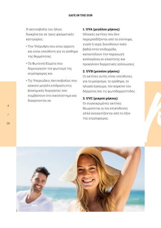 p
SAFE IN THE SUN
4
/
28
Η ακτινοβολία του ήλιου
διακρίνεται σε τρεις φασματικές
κατηγορίες:
• Την Υπέρυθρη που είναι αόρατη
και είναι υπεύθυνη για το αίσθημα
της θερμότητας
• Τα Φωτεινά Κύματα που
δημιουργούν τον φωτισμό της
ατμόσφαιρας και
• Τις Υπεριώδεις Ακτινοβολίες που
ασκούν μεγάλη επίδραση στις
βιοχημικές διεργασίες που
συμβαίνουν στο οικοσύστημα και
διακρίνονται σε:
1. UVA (μεγάλου μήκους)
Ηλιακές ακτίνες που δεν
παρεμποδίζονται από τα σύννεφα,
γυαλί ή νερό, διεισδύουν πολύ
βαθιά στην επιδερμίδα,
καταστέλουν την παραγωγή
κολλαγόνου κι ελαστίνης και
προκαλούν δερματικές αλλοιώσεις
2. UVB (μεσαίου μήκους)
Οι ακτίνες αυτές είναι υπεύθυνες
για το μαύρισμα, το ερύθημα, το
ηλιακό έγκαυμα, τον καρκίνο του
δέρματος και τις φωτοδερματίτιδες
3. UVC (μικρού μήκους)
Οι συγκεκριμένες ακτίνες
θεωρούνται οι πιο επικίνδυνες
αλλά αναχαιτίζονται από το όζον
της ατμόσφαιρας.
 