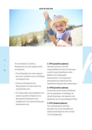 p
SAFE IN THE SUN
4
/
28
Η ακτινοβολία του ήλιου
διακρίνεται σε τρεις φασματικές
κατηγορίες:
• Την Υπέρυθρη που είναι αόρατη
και είναι υπεύθυνη για το αίσθημα
της θερμότητας
• Τα Φωτεινά Κύματα που
δημιουργούν τον φωτισμό της
ατμόσφαιρας και
• Τις Υπεριώδεις Ακτινοβολίες που
ασκούν μεγάλη επίδραση στις
βιοχημικές διεργασίες που
συμβαίνουν στο οικοσύστημα και
διακρίνονται σε:
1. UVA (μεγάλου μήκους)
Ηλιακές ακτίνες που δεν
παρεμποδίζονται από τα σύννεφα,
γυαλί ή νερό, διεισδύουν πολύ
βαθιά στην επιδερμίδα,
καταστέλουν την παραγωγή
κολλαγόνου κι ελαστίνης και
προκαλούν δερματικές αλλοιώσεις
2. UVB (μεσαίου μήκους)
Οι ακτίνες αυτές είναι υπεύθυνες
για το μαύρισμα, το ερύθημα, το
ηλιακό έγκαυμα, τον καρκίνο του
δέρματος και τις φωτοδερματίτιδες
3. UVC (μικρού μήκους)
Οι συγκεκριμένες ακτίνες
θεωρούνται οι πιο επικίνδυνες
αλλά αναχαιτίζονται από το όζον
της ατμόσφαιρας.
 