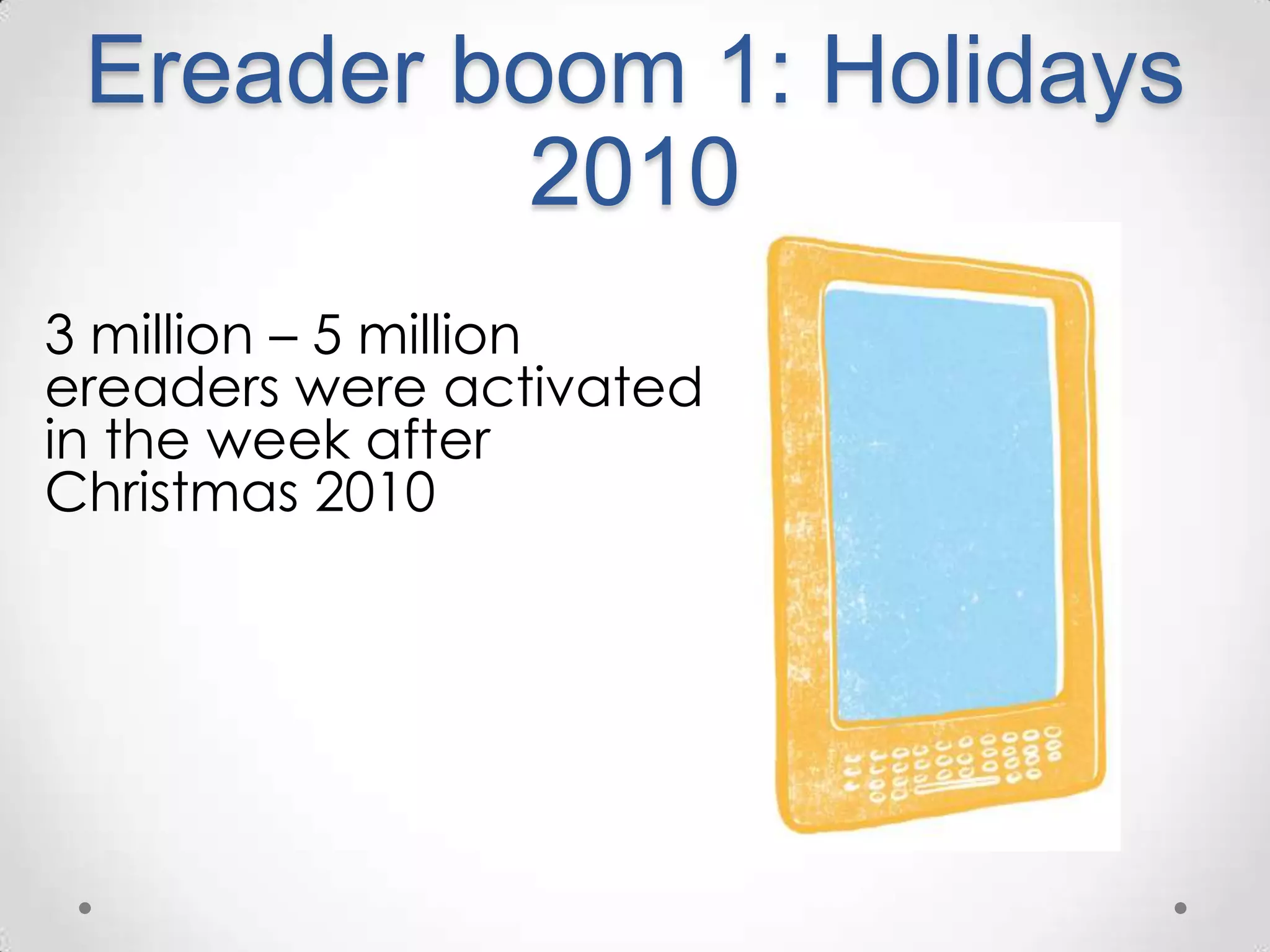 Ereader boom 1: Holidays 20103 million – 5 million ereaders were activated in the week after Christmas 2010