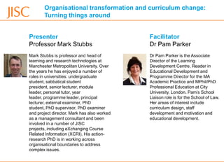 Organisational transformation and curriculum change:
       Turning things around


Presenter                                    Facilitator
Professor Mark Stubbs                        Dr Pam Parker
Mark Stubbs is professor and head of         Dr Pam Parker is the Associate
learning and research technologies at        Director of the Learning
Manchester Metropolitan University. Over     Development Centre, Reader in
the years he has enjoyed a number of         Educational Development and
roles in universities: undergraduate         Programme Director for the MA
student, sabbatical student                  Academic Practice and MPhil/PhD
president, senior lecturer, module           Professional Education at City
leader, personal tutor, year                 University, London. Pam’s School
leader, programme leader, principal          Liaison role is for the School of Law.
lecturer, external examiner, PhD             Her areas of interest include
student, PhD supervisor, PhD examiner        curriculum design, staff
and project director. Mark has also worked   development and motivation and
as a management consultant and been          educational development.
involved in a number of JISC
projects, including eXchanging Course
Related Information (XCRI). His action-
research PhD is in working across
organisational boundaries to address
complex issues.
 