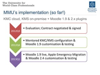 MMU’s implementation (so far!)
KMC cloud, KMS on-premise + Moodle 1.9 & 2.x plugins

             • Evaluation; Contract negotiated & signed
    2012Q3


           • Mentored KMC/KMS configuration &
    2012Q4   Moodle 1.9 customisation & testing


           • Moodle 1.9 live, Apple Emergency Migration
    2013Q1   & Moodle 2.4 customisation & testing
 