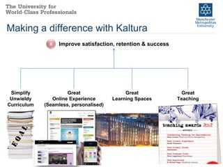 Making a difference with Kaltura
               B   Improve satisfaction, retention & success




 Simplify             Great                  Great              Great
 Unwieldy       Online Experience       Learning Spaces        Teaching
Curriculum   (Seamless, personalised)
 